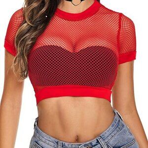 Fishnet Crop Top for Women See Through Shirt Red Size XL